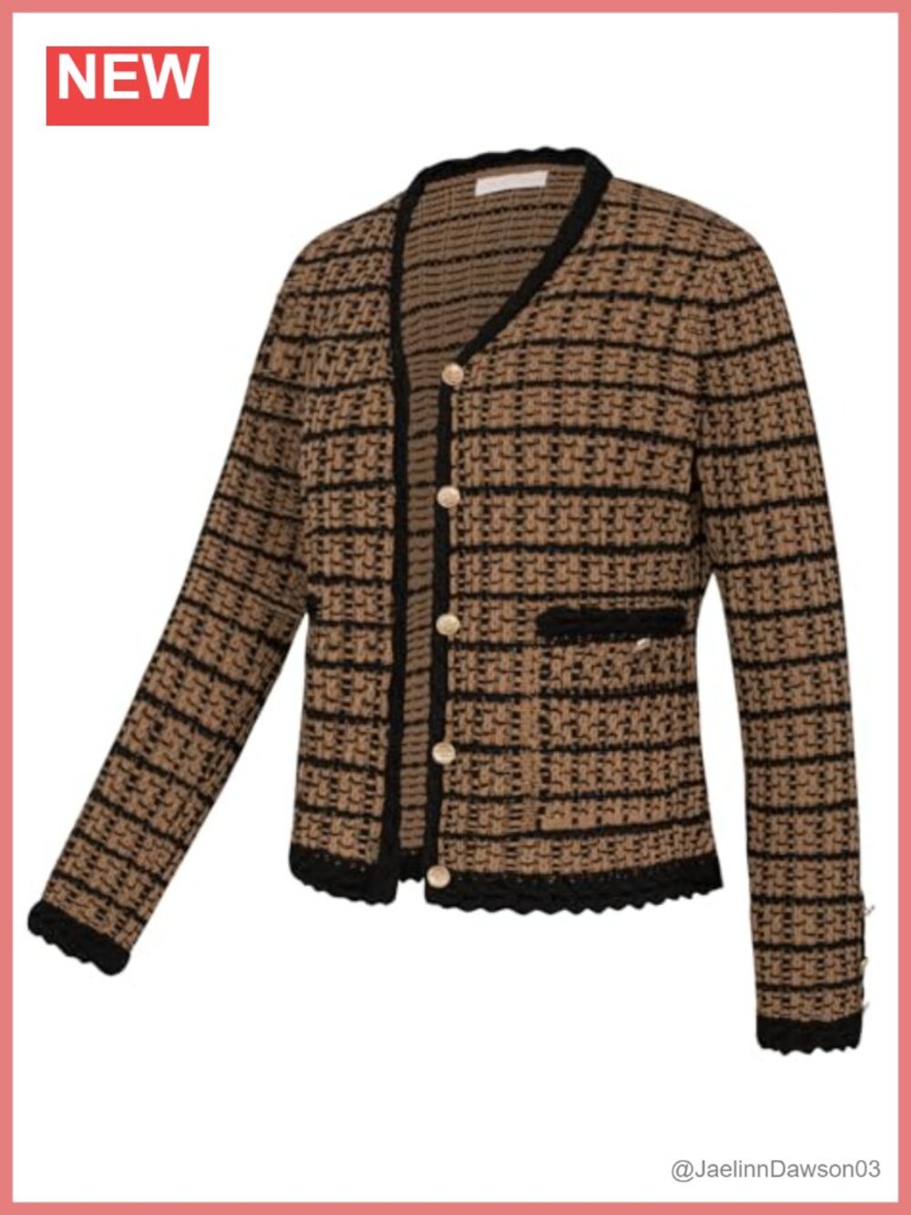 Tweed Pattern Cardigan Sweater Blazer V Neck Button Front Pockets